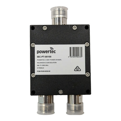 Powertec RF Power Divider 2-Way, 698 to 3800 MHz, N Female, Wilkinson, 20dB isolation