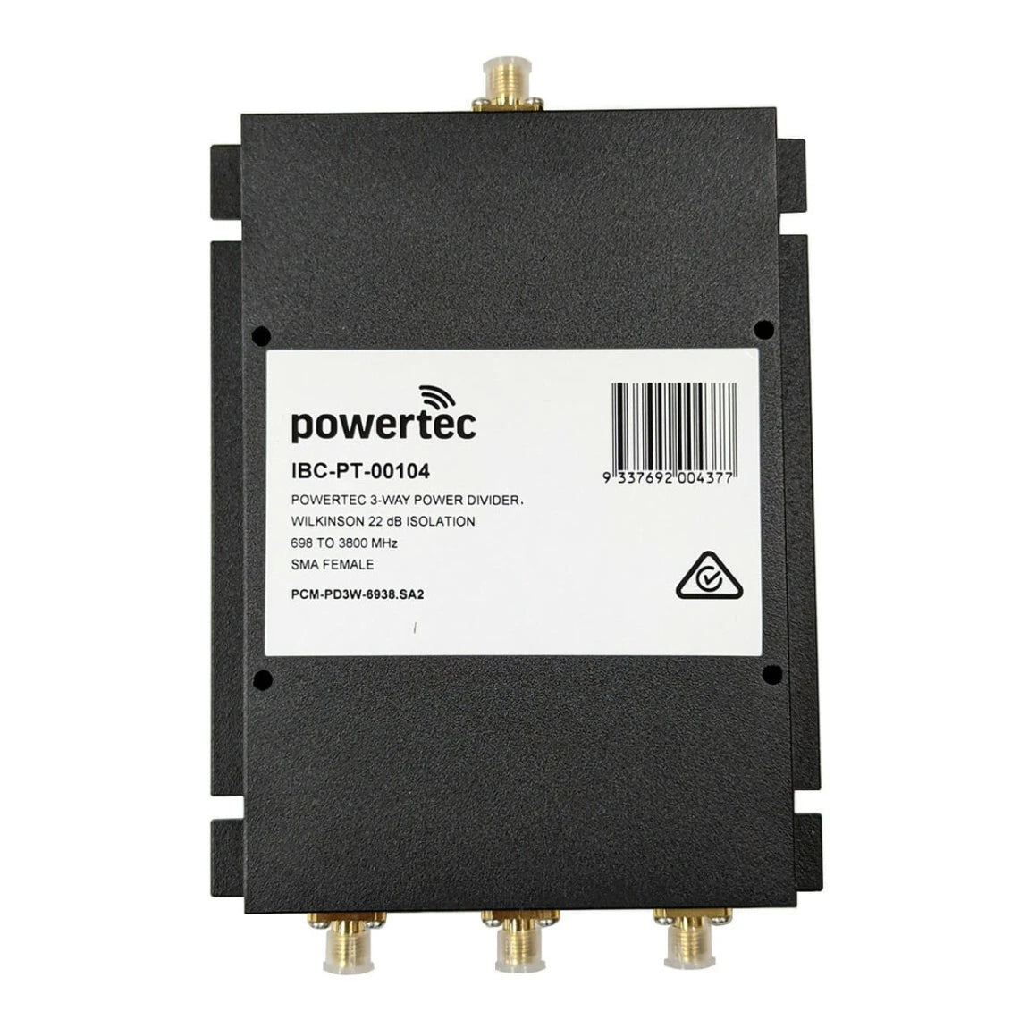 Powertec RF Power Divider 3-Way, 698 to 3800 MHz, SMA Female, Wilkinson, 18dB isolation
