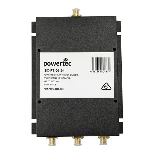 Powertec RF Power Divider 3-Way, 698 to 3800 MHz, SMA Female, Wilkinson, 18dB isolation