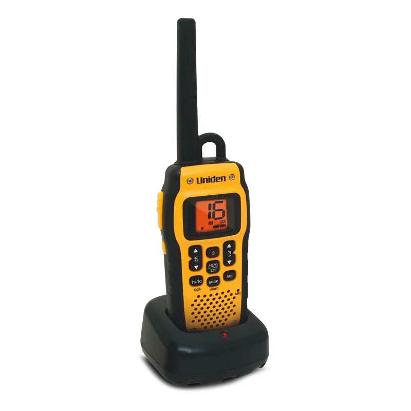 Uniden MHS050 Submersible / Waterproof 2.5W VHF Marine Radio that Floats – Includes Carabiner Clip
