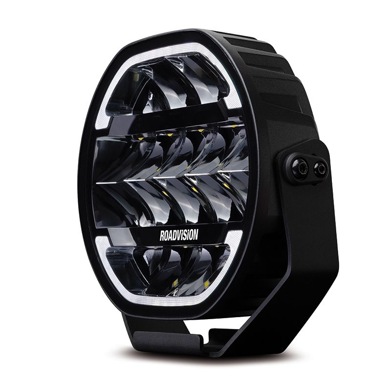 Roadvision 8 inch driving light with black protective cover fitted showing clear windows for DRL.