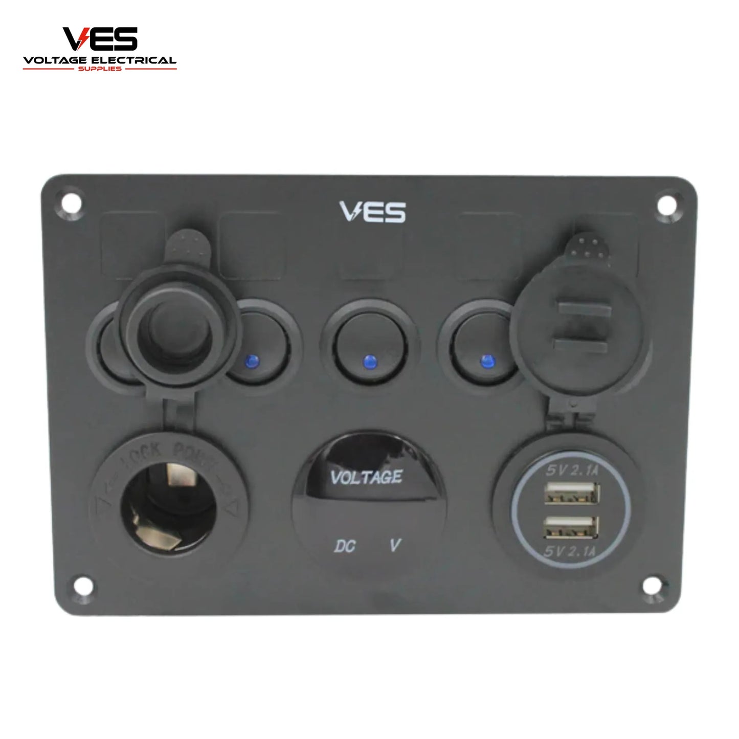 5 Switch Panel + Marine Cigarette Socket - Dual USB 2.1amp Each and Voltage Meter