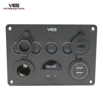 5 Switch Panel + Marine Cigarette Socket - Dual USB 2.1amp Each and Voltage Meter