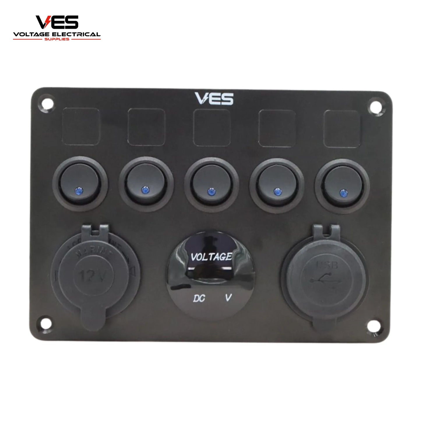 5 Switch Panel + Marine Cigarette Socket - Dual USB 2.1amp Each and Voltage Meter