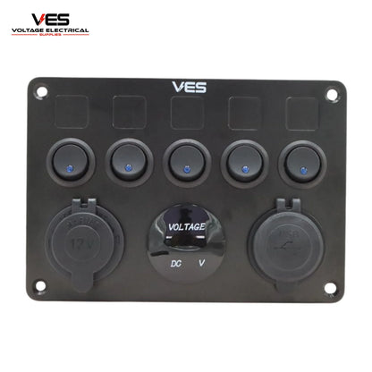 5 Switch Panel + Marine Cigarette Socket - Dual USB 2.1amp Each and Voltage Meter