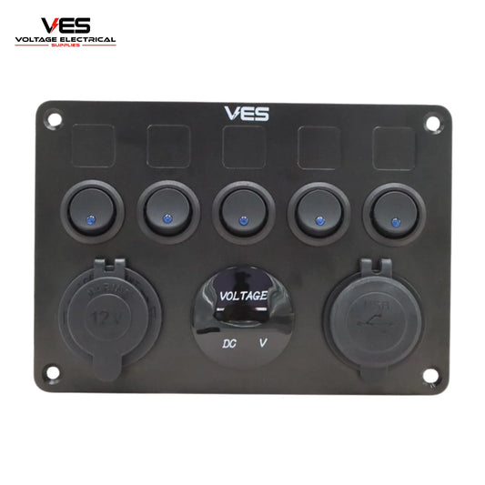 5 Switch Panel + Marine Cigarette Socket - Dual USB 2.1amp Each and Voltage Meter