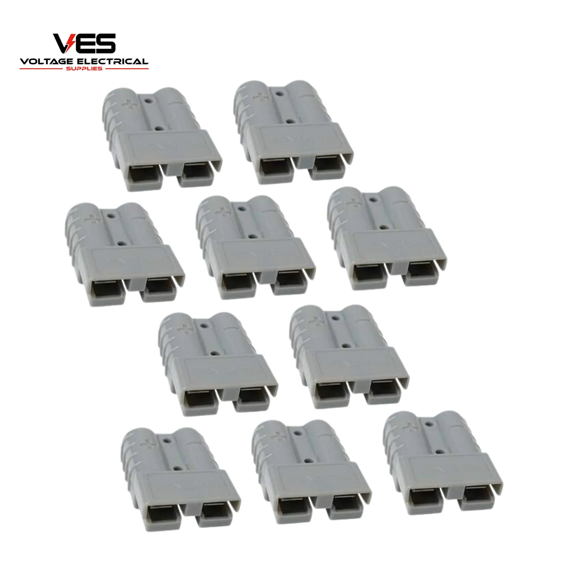 Pack of 10 VES Grey 50 Amp Anderson style connector housings, plastic shells only, for 12V dual battery and 4WD setups.