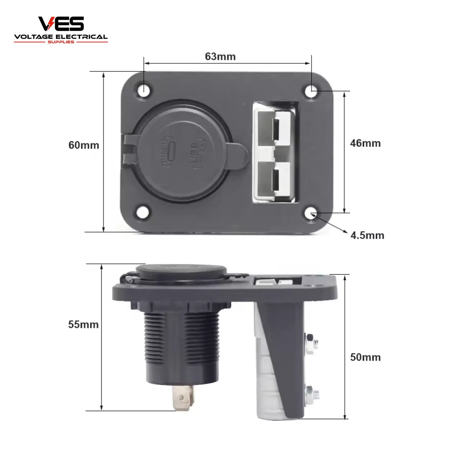 Flush Mount Single Anderson 50AMP+QC USB/USBC & Volt Meter ON/OFF