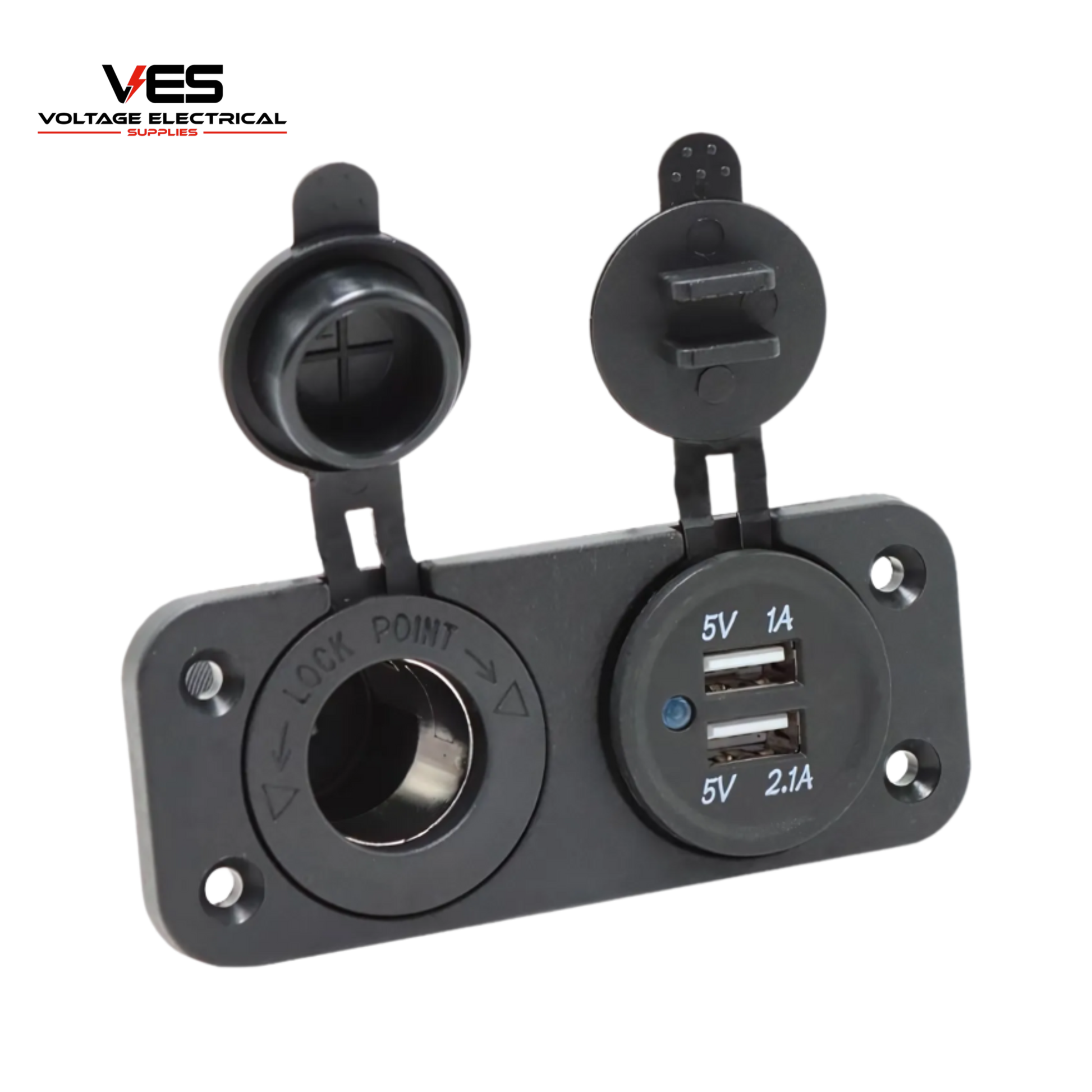 Front view of 2-in-1 flush mount panel with 12V cigarette socket and dual USB ports (1A & 2.1A) showing blue LED power light