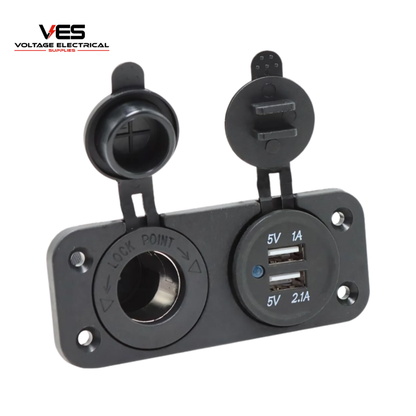 Front view of 2-in-1 flush mount panel with 12V cigarette socket and dual USB ports (1A & 2.1A) showing blue LED power light