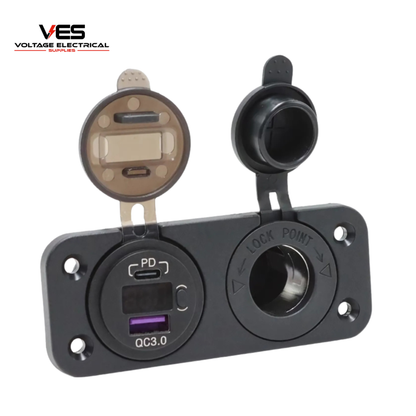 Flush mount 12V panel featuring a locking cigarette socket and a dual USB charger with an integrated digital voltage display.