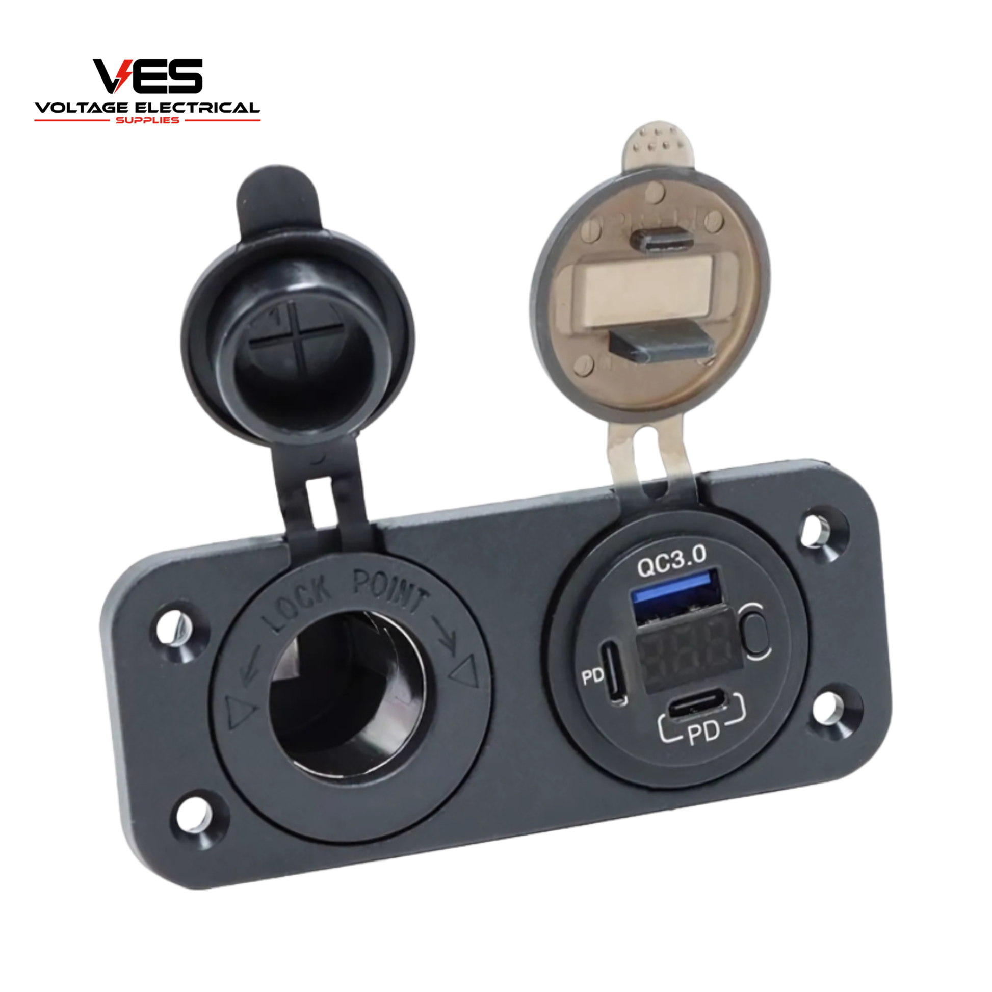 Front view of flush mount 12V panel with cigarette socket, blue USB-A QC 3.0 port, USB-C PD port, and digital LED voltmeter.