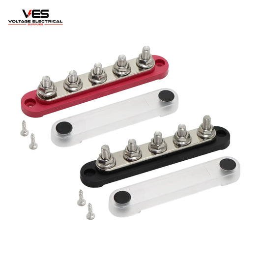 Five Post Bus Bar Pair – Red & Black M8 Studs 150AMP Rated