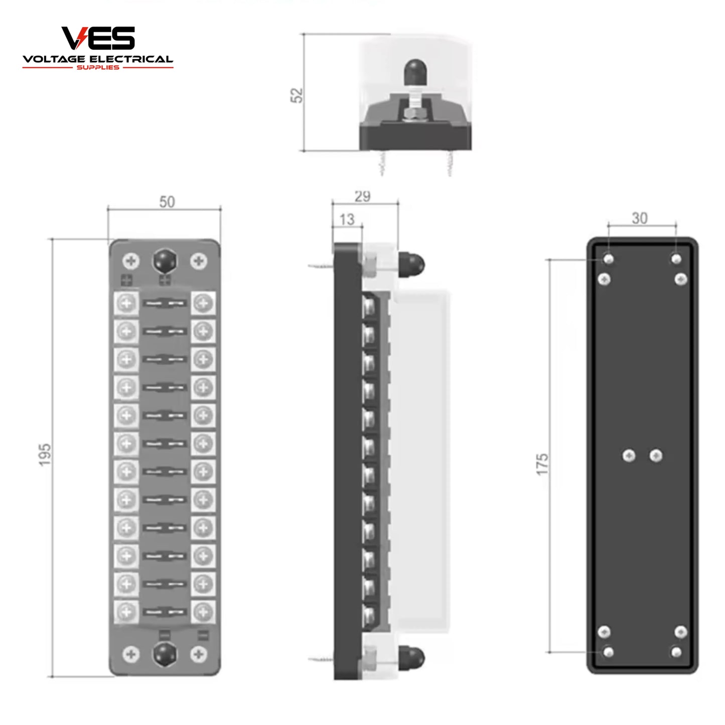 VES 12-Way Blade Fuse Block with Protection Cover (32V, 100AMP Rated)