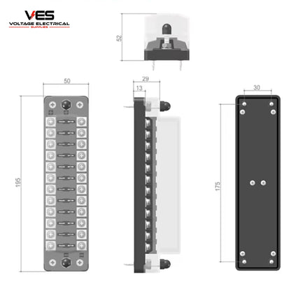 VES 12-Way Blade Fuse Block with Protection Cover (32V, 100AMP Rated)