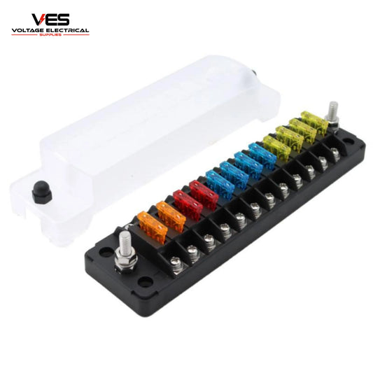 VES 12-Way Blade Fuse Block with Protection Cover (32V, 100AMP Rated)