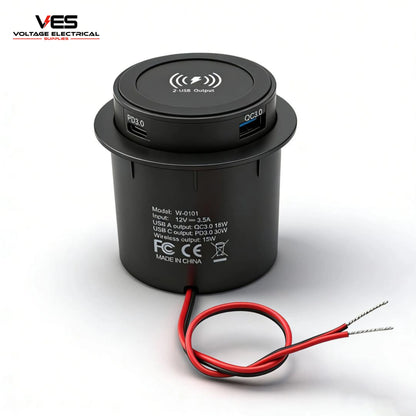 VES 12V Pop-Up 3-in-1 Charger (30W PD Fast Charge & Wireless)
