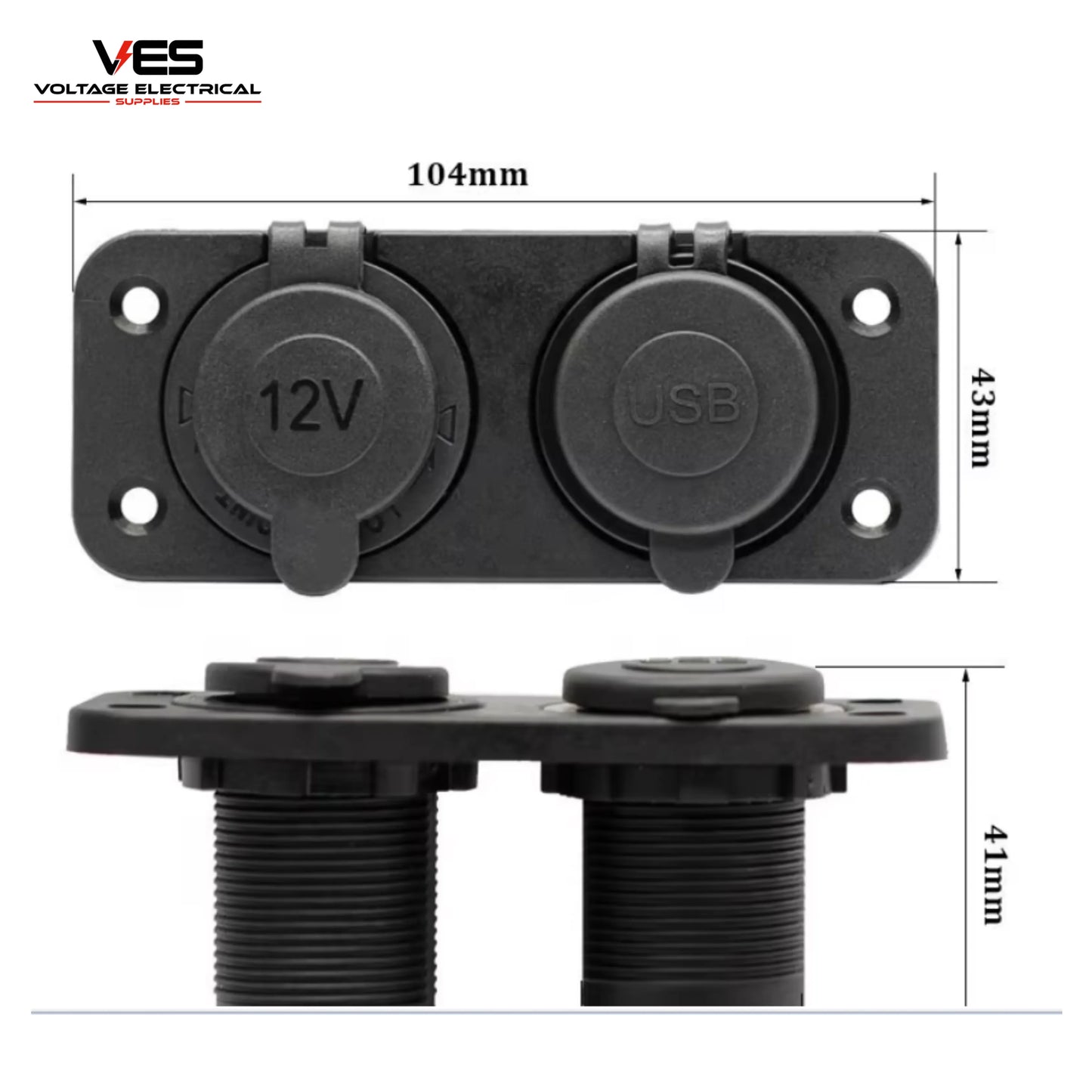 Cigarette Socket and Dual Usb 1amp + 2.1amp Flush Mount Panel