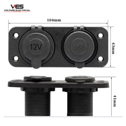 Cigarette Socket and Dual Usb 1amp + 2.1amp Flush Mount Panel
