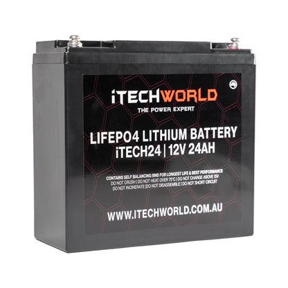 iTECH24 12V 24Ah LiFePO4 Battery for RV, Solar, Golf Buggy