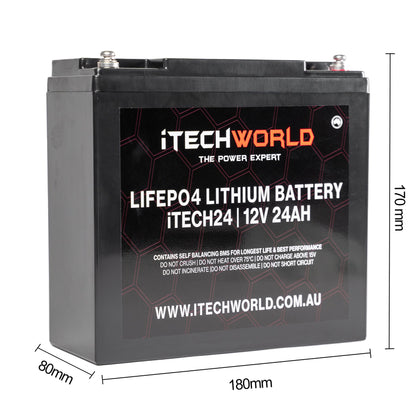 iTECH24 12V 24Ah LiFePO4 Battery for RV, Solar, Golf Buggy