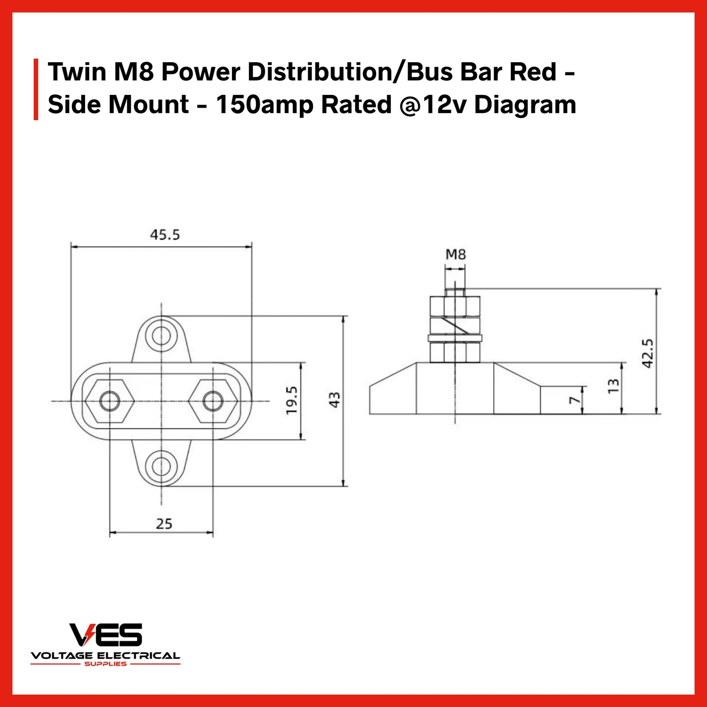 VES Twin M8 Power Distribution Bus Bar – 150A 12V Side Mount