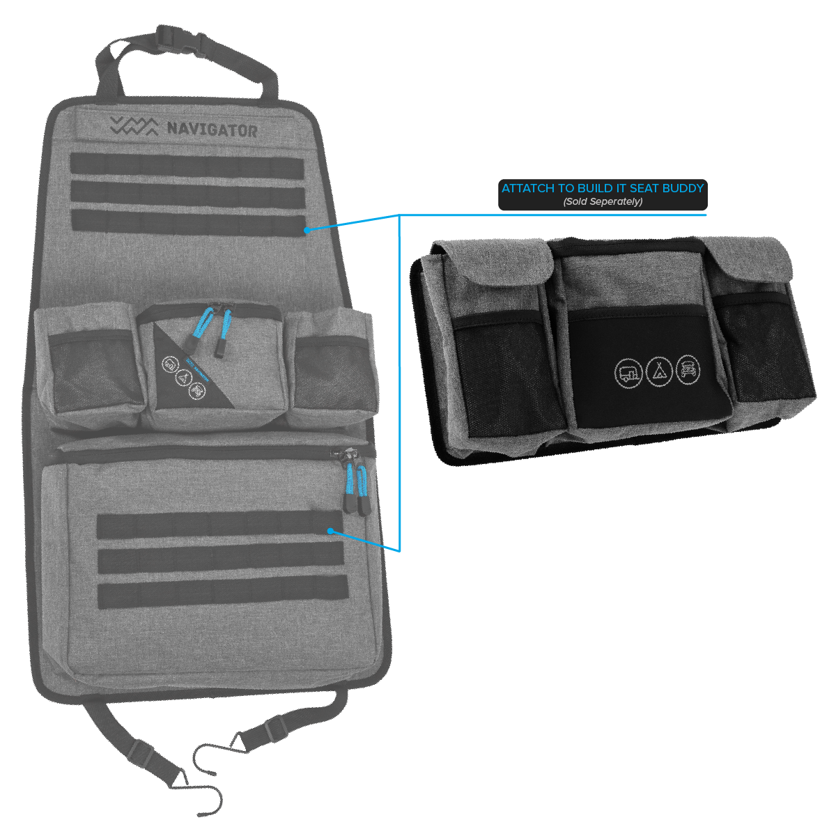 Close up of Navigator Pocket Buddy showing open velcro flap and zippered pocket storage.