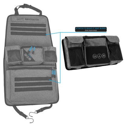 Close up of Navigator Pocket Buddy showing open velcro flap and zippered pocket storage.