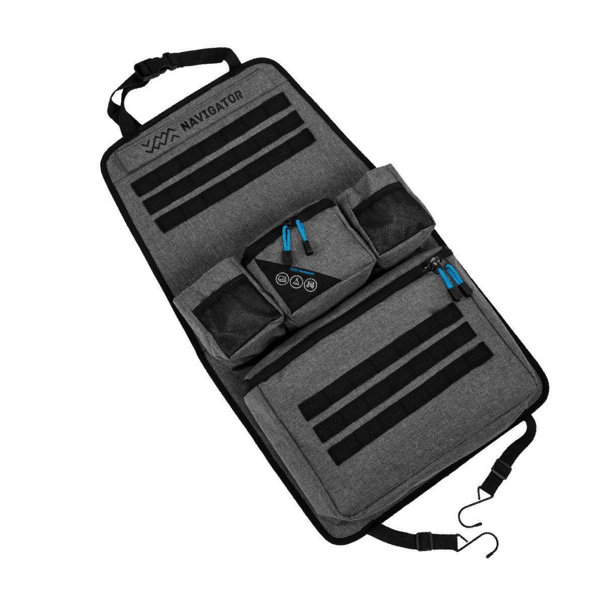 Navigator Build it Seat Buddy grey car seat organiser hanging on back of driver's seat.