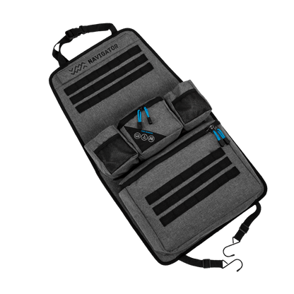 Navigator Build it Seat Buddy grey car seat organiser hanging on back of driver's seat.