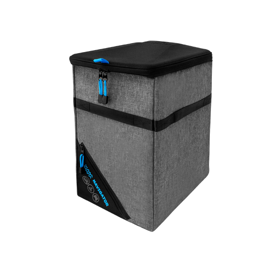 Navigator Mini Bin Buddy grey portable camping trash can standing upright.